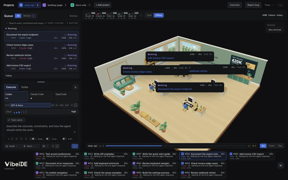 VibeIDE office view with Claude and Codex agents working at desks, a project list and a task queue